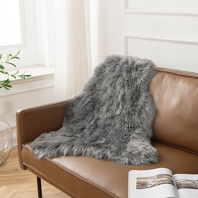 Ashler Faux Fur Rug, Fluffy Shaggy Area Rug Ultra Soft 2.3 x 3.3 Feet Sheepskin Fur Rug, Dark Grey Fuzzy Rug Machine Washable Shag Rug, Nursery Decor Throw Rugs for Bedroom, Kids Room, Living Room