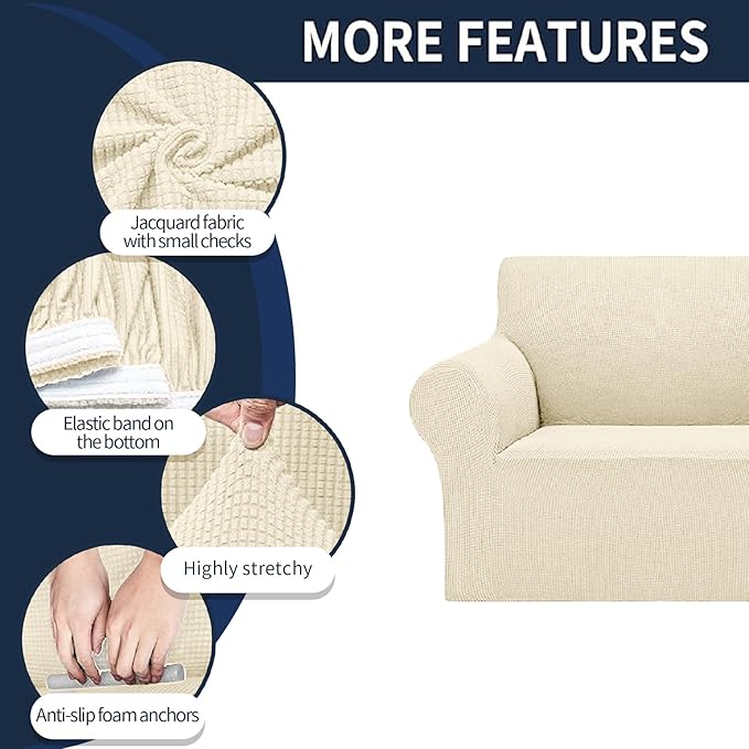2025 New Stretch Loveseat Sofa Slipcovers Couch Cover for 2 Cushion Furniture Protector Sofa Covers with Elastic Bottom Small Checks for Pets, Kids - Beige
