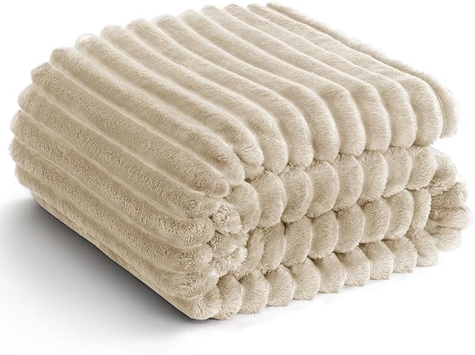 IMEET Linen Ribbed Twin Blanket for Bed - 300GSM Lightweight Soft Fleece Blanket for Men Women, Cozy Blankets Graduation Birthday Gifts, Striped Spring Home School Dorm Decor, Linen, 60x80 Inches