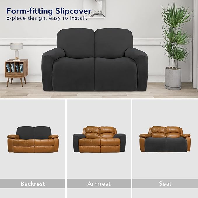 PureFit Super Stretch Loveseat Recliner Sofa Couch Cover with Pocket – 2 Seats Non Slip Soft Sofa Slipcover, Washable Reclining Furniture Protector for Kid,Pets (Recliner Loveseat, Dark Gray)