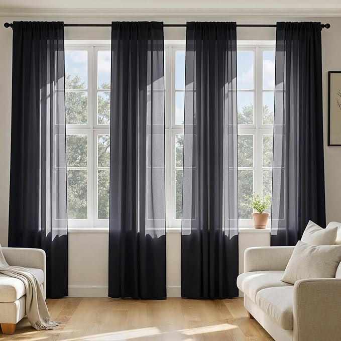 MIULEE Black Sheer Curtains 108 Inches Long, 4 Panels Set, Light Filtering Halloween Rod Pocket Voile Drapes for Living Room and Bedroom, Airy Soft Fabric Window Treatments, 54 x 108 Inches