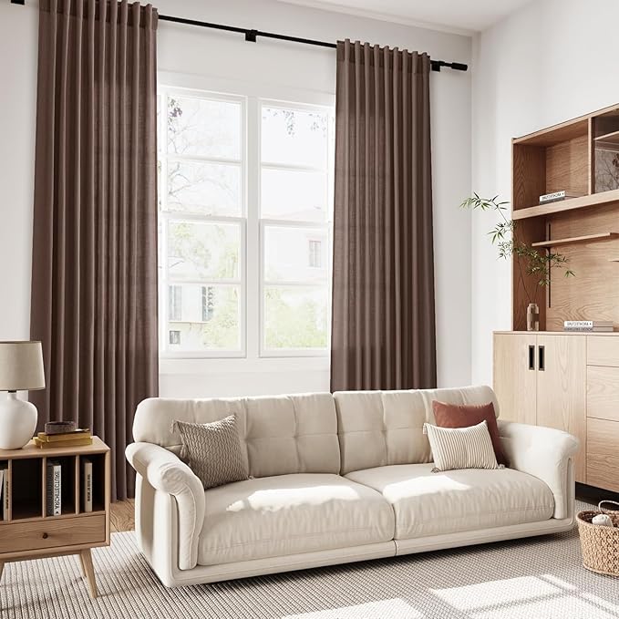 Cappuccino Linen Curtains for Living Room 100 Inches Long Light Filtering Semi Sheer Curtain Back Tab Rod Pocket Luxury Modern Rustic Home Decor Neutral Drapes for Bedroom Dinner Room 52x100, 2 Panels