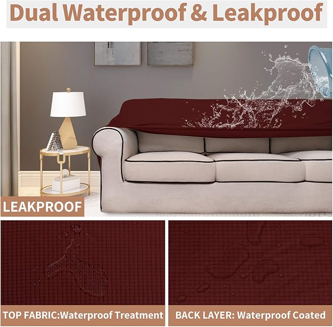 Easy-Going 100% Waterproof Couch Cover, Dual Waterproof Sofa Cover, Stretch Jacquard Sofa Slipcover, Leakproof Furniture Protector for Kids, Pets, Dog and Cat (Sofa, Wine)