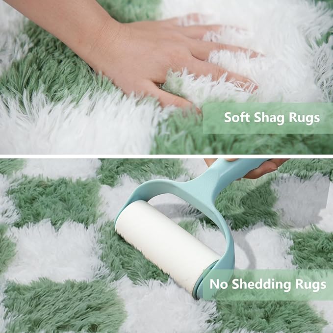 Area Rugs for Bedroom Living Room,8x10 Green and White Fluffy Soft Checkered Rug Fuzzy Shag Shaggy Carpet, Indoor Plush Floor Rugs for Kids Boys Girls Teen Dorm Nursery Home Decor