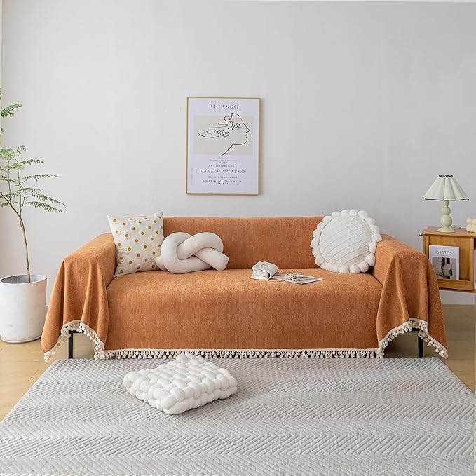 HANDONTIME Dark Orange Sofa Covers Couch Cover for Dogs Colorful Tassel Lovetseat Covers Pet Couch Cover Bohemian Sofa Cover for Couch Vintage Boho Couch Covers Futon Cover Pet-Friendly, 71" X134"