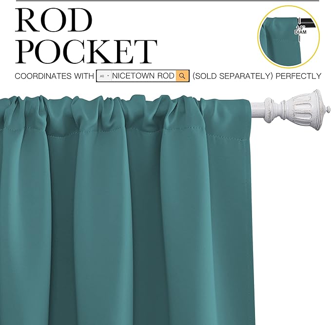 NICETOWN Window Curtains Blackout Drapes - Thermal Insulated Solid Rod Pocket Blackout Curtains/Draperies for Living Room (Sea Teal, One Pair, 42 by 45-Inch)
