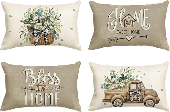 AVOIN Colorlife Bless Our Home Farmhouse Eucalyptus Leaves Throw Pillow Covers, 12 x 20 Inch Truck Sweet Home Cushion Case Decorations Set of 4