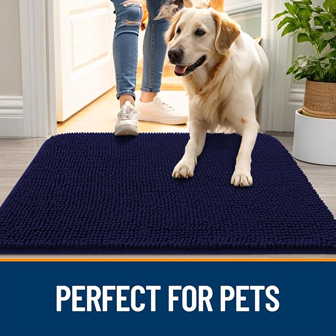 OLANLY Dog Door Mat for Muddy Paws 70x35, Absorbs Moisture and Dirt, Absorbent Non-Slip Washable Doormat, Quick Dry Chenille Mud Mat for Dogs, Entry Indoor Entryway Carpet for Inside Floor, Navy Blue