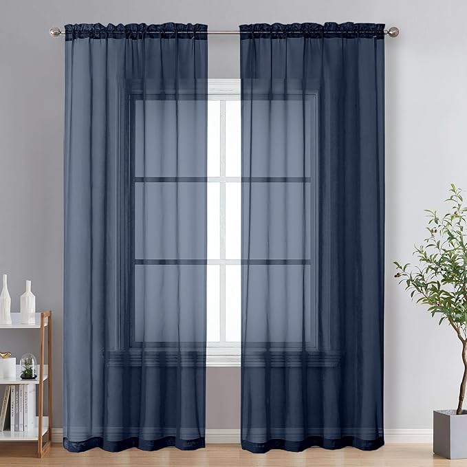 OVZME Navy Blue Sheer Curtains 78 Inches Long 2 Panels - Soft Light Filtering Window Sheer Panels for Living Room/Bedroom, Top Dual Rod Pocket, 1 Pair, Each 42Wx78L Inches