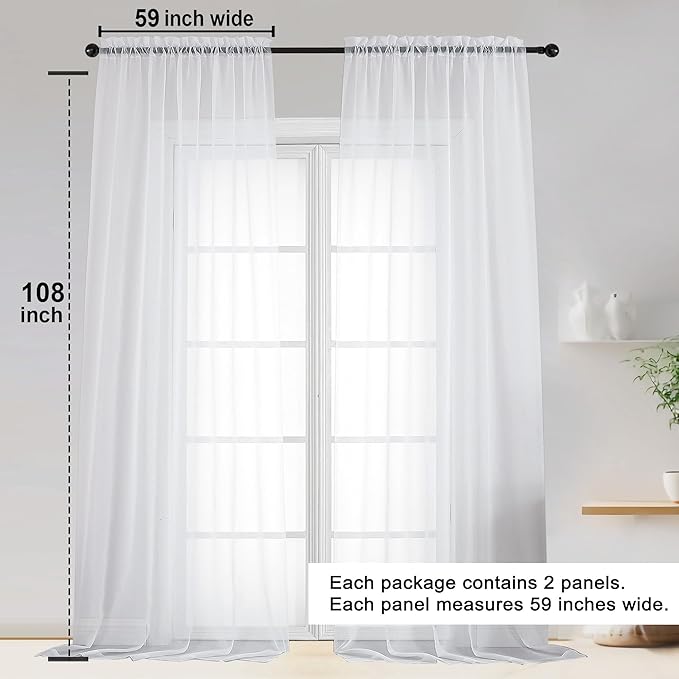 OWENIE Sheer White Curtains 108 Inches Long for Living Room Bedroom 2 Panels Set, Lightweight Airy White Sheer Curtain, Filmy Voile Rod Pocket, 2 PCS, Each 59" W x 108" L