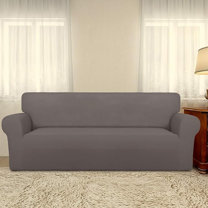 PureFit Super Stretch Sofa Slipcover – Spandex Non Slip Soft Couch Sofa Cover, Washable Furniture Protector with Non Skid Foam and Elastic Bottom for Kids, Pets （Oversized Sofa, Taupe）