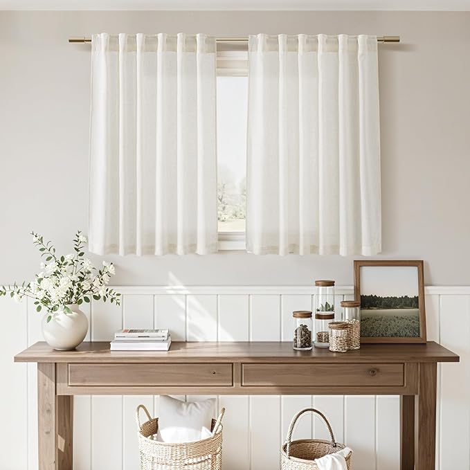 Nanspring Linen Curtains 40 Inch Length for Short Window - Small Semi Sheer Curtains for Cafe Kitchen Bedroom Rustic Farmhouse Decor Light Filtering Cream Curtain, 2 Panels