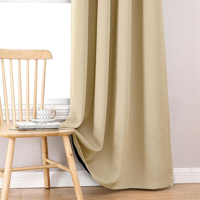 ChrisDowa 100% Blackout Curtains for Bedroom with Black Liner, 2 Thick Layers Total Blackout Thermal Insulated Grommet Window Curtains 2 Panels Set (Beige, 52 x 72 Inch)