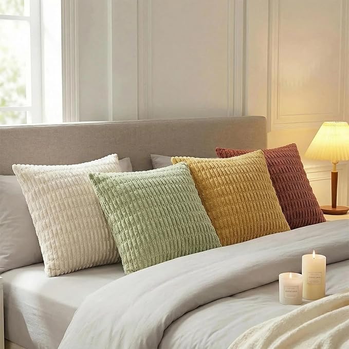 Fancy Homi 4 Packs Boho Fall Decorative Throw Pillow Covers 18x18 Inch for Living Room Couch Bed Sofa, Rustic Farmhouse Home Decor, Soft Plush Striped Corduroy Square Cushion Case 45x45 cm
