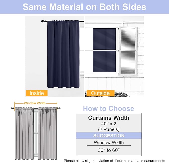 Simplebrand Ava Navy Blue Blackout Curtains for Bedroom - 72 Inch Length x 40 Inch Width, Privacy Insulated Thermal Rod Pocket Panels