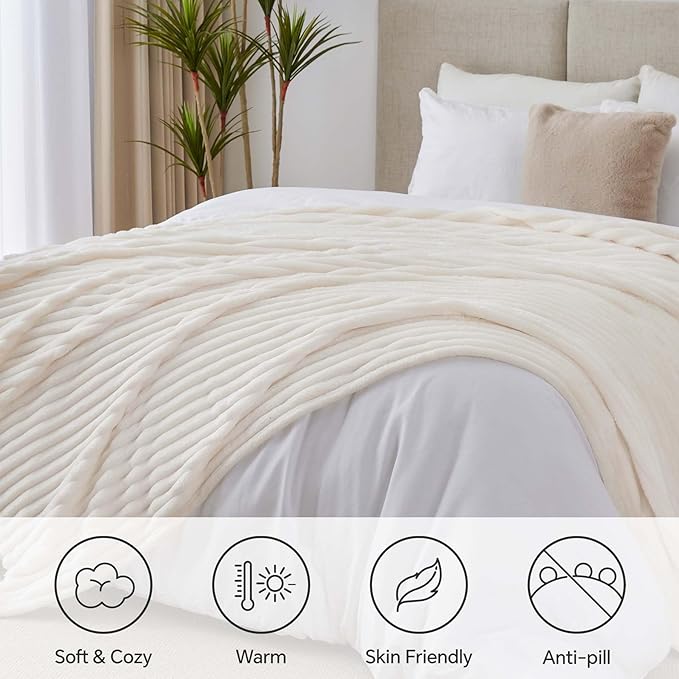 BEDELITE Blankets Queen Size for Bed, 300GSM Soft & Warm Fleece Blanket, Decorative and Giftable Striped Cream White Blankets for Women, Men, 90"x90"