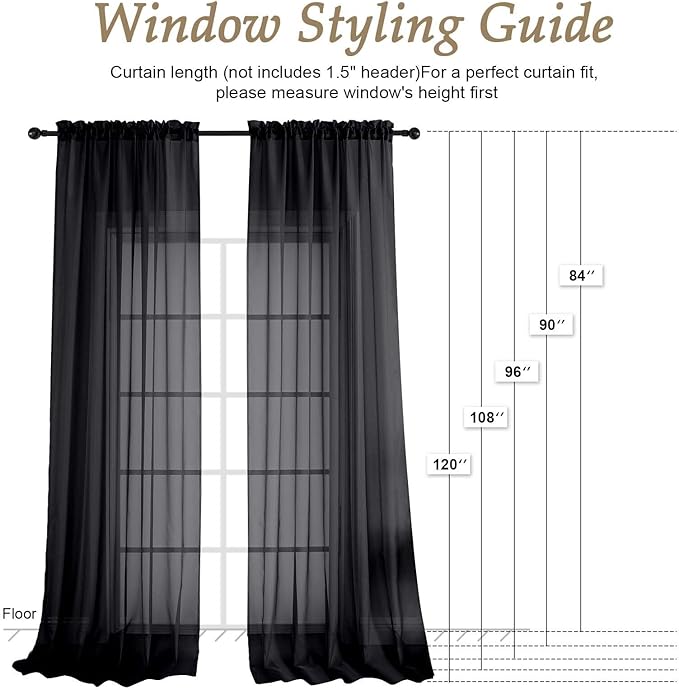 OVZME Black Sheer Curtains 84 Inches Long 2 Panels Set, Light Filtering Sheer Curtains for Living Room Bedroom 59 Inch Extra Wide, Modern Voile Filmy Rod Pocket Window Drapes, 59Wx84L Inches