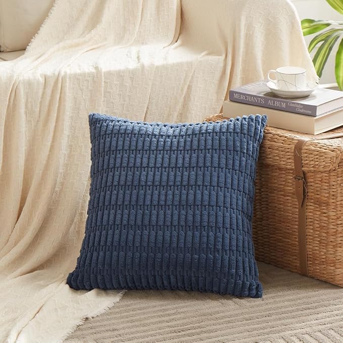 Fancy Homi 4 Packs Dusty Blue Decorative Throw Pillow Covers 26x26 Inch for Living Room Couch Bed Sofa, Rustic Farmhouse Boho Home Decor, Soft Plush Striped Corduroy Square Cushion Case 66x66 cm