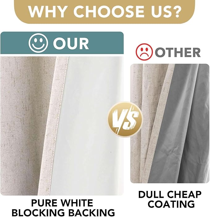 H.VERSAILTEX Primitive Linen Curtains 100% Blackout Curtain Drapes Burlap Curtains with White Thermal Insulated Liner, Grommet Top Drapes Living Room/Bedroom (2 Panels, 42 x 63 Inch, Natural)