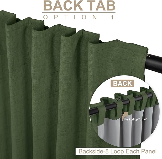 100% Blackout Shield Linen Blackout Curtains for Bedroom 120 Inches Long, Back Tab/Rod Pocket Living Room Drapes, Thermal Insulated Blackout Curtains 2 Panels Set, 50" W x 120" L, Moss Green