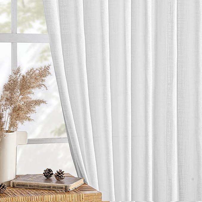 MIULEE White Linen Curtains 104 Inch Long 2 Panels for Bedroom Living Room, Soft Thick Linen Textured Back Tab Window Drapes Semi Sheer Light Filtering Rod Pocket Modern Farmhouse Decor