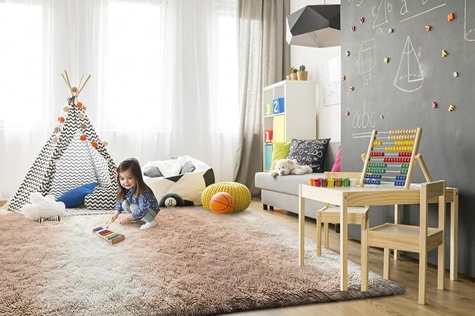 TWINNIS Super Soft Shaggy Rugs Fluffy Carpets, 6x9 Feet, Indoor Modern Plush Area Rugs for Living Room Bedroom Kids Room Nursery Home Decor, Upgrade Anti-Skid Rectangular Fuzzy Rug, Tan White