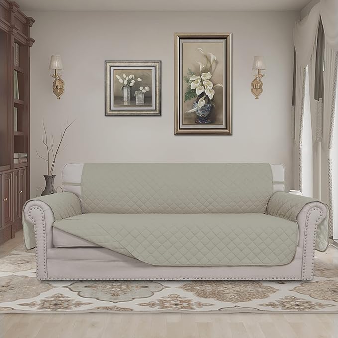 Easy-Going Reversible Couch Cover for 3 Cushion Couch Sofa Cover for Dogs Water Resistant Furniture Protector Cover with Foam Sticks Elastic Straps for Pet Cat (Sofa, Beige/Beige)