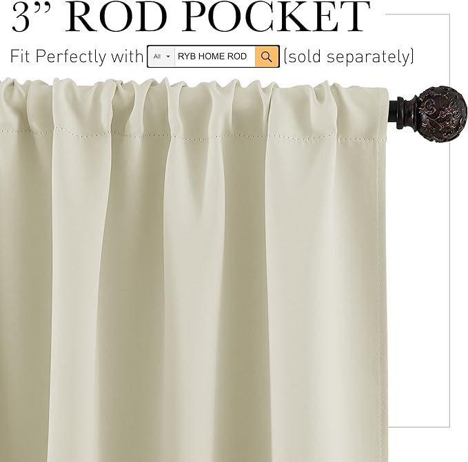 RYB HOME Short Curtains for Bedroom, Room Darkening Insulated Summer Heat Light UV Blocking Energy Saving Drapes for Nursery, Width 34 by Length 45, Beige, Set of 2