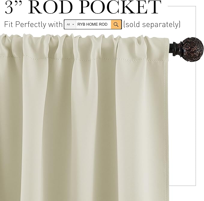 RYB HOME Blackout Curtains for Bedroom - Small Window Treatment Panels Full Privacy Thermal Insultaed Solar Drapes for Bathroom Dining Basement, Wide 42 x Long 45, Beige, 2 Pcs