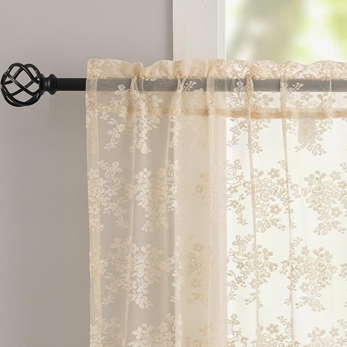 YJ YANJUN Vintage Lace Curtains 30 Inch Length- Cottage Floral Short Beige Kitchen Cafe Curtains 2 Panles,Light Filtering Rod Pocket, Small Window Sheer for Bathroom Laundry Room 26x30 Inch