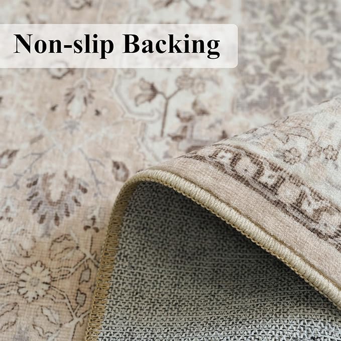 4x10 Hallway Wide Runner Rug: Washable Oriental Soft Area Rug for Living Room Bedroom Stain Resistant Low Pile Carpet for Entryway Ktichen Thin Non Slip Floor Mat for Bathroom Dining Room(Beige,4x10)