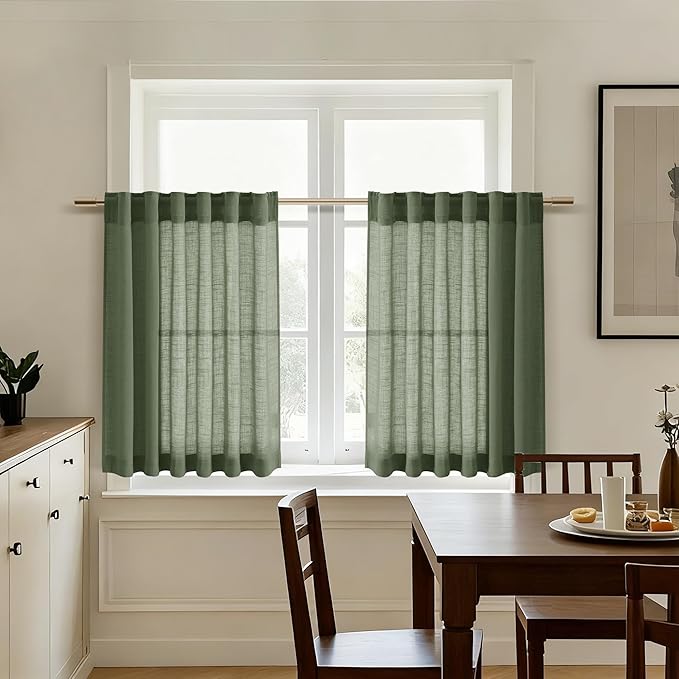 Nanspring Short Linen Curtains 36 Inch Length for Kitchen Windows Over Sink Olive Green Light Filtering Back Tab and Rod Pocket Neutral Curtains for Cafe Basement 30 x 36 Inch,2 Panels