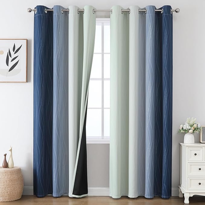 Estelar Textiler Sage Green and Navy Blue Blackout Curtains for Sliding Door,Thermal Insulated Ombre Drapes 108 Inches Long,Full Room Darkening Energy Saving Curtains for Living Room,52Wx108L,2 Panels