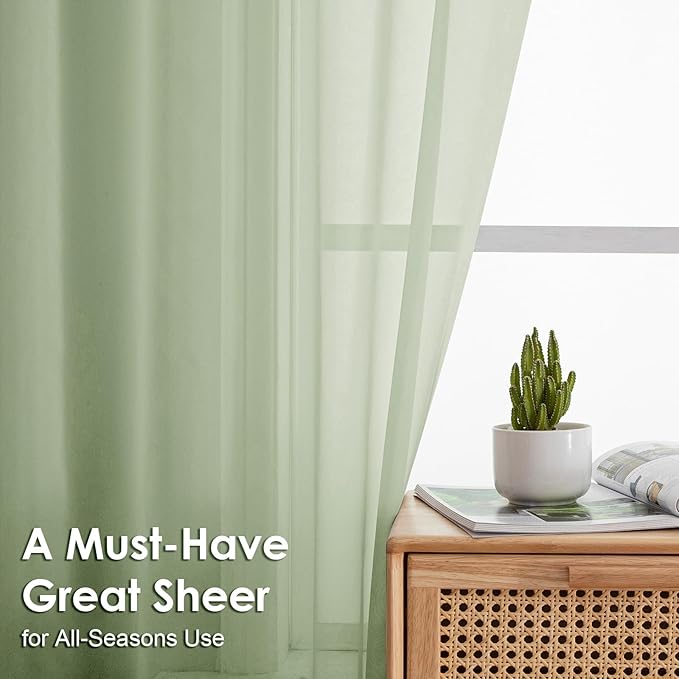 OVZME Light Green Sheer Curtains 90 Inches Long 2 Panels - Soft Light Filtering Window Sheer Panels for Living Room/Bedroom, Top Dual Rod Pocket, 1 Pair, Each 42Wx90L Inches