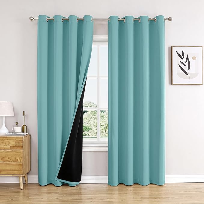 ChrisDowa 100% Blackout Curtains 108 inch Long for Bedroom with Black Liner, 2 Thick Layers Total Blackout Thermal Insulated Grommet Window Curtains 2 Panels Set (Aqua, 52 x 108 Inch)