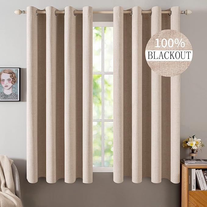 MIULEE Linen Textured Curtains for Bedroom Solid 100% Blackout Thermal Insulated Natural Beige Grommet Room Darkening Curtains & Drapes Luxury Decor for Living Room Nursery 52 x 48 Inch (2 Panels)