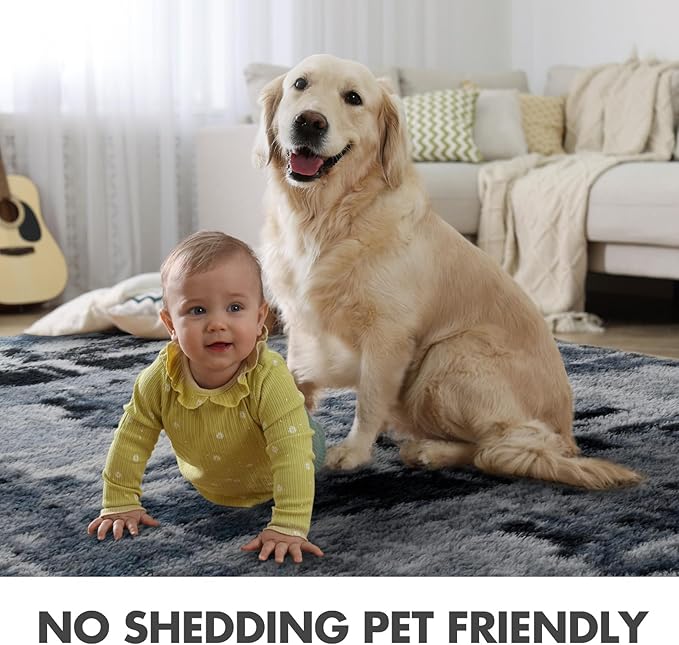 4x6 Ft Shag Rugs for Bedroom Living Room, Tie-Dyed Ultra Soft Fluffy Furry Area Rugs for Indoor Floor, Aesthetic Carpet for Kids Home Decor (Blue)