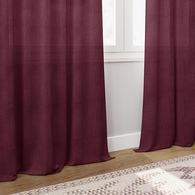 Nanspring Burgundy Linen Curtains for Living Room 100 Inches Long Light Filtering Semi Sheer Curtain Back Tab Vintage Boho Decor Elegant Luxury Drapes for Bedroom Dinner Room 52x100, 2 Panels