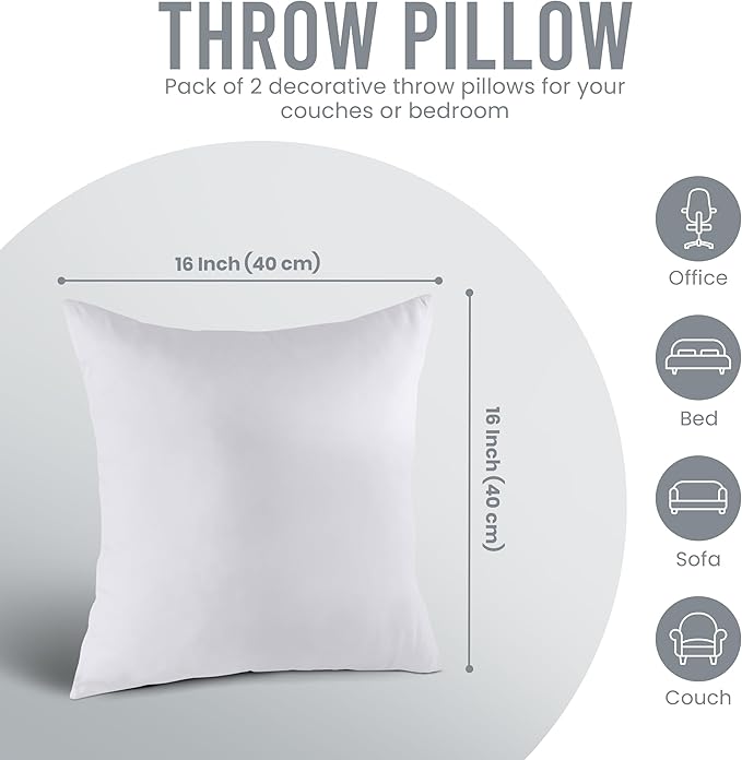 Utopia Bedding 16x16 Pillow Inserts, Set of 2, White – Indoor Decorative Throw Pillows for Bed, Sofa & Couch – Soft, Supportive & Fluffy Cushion Inserts