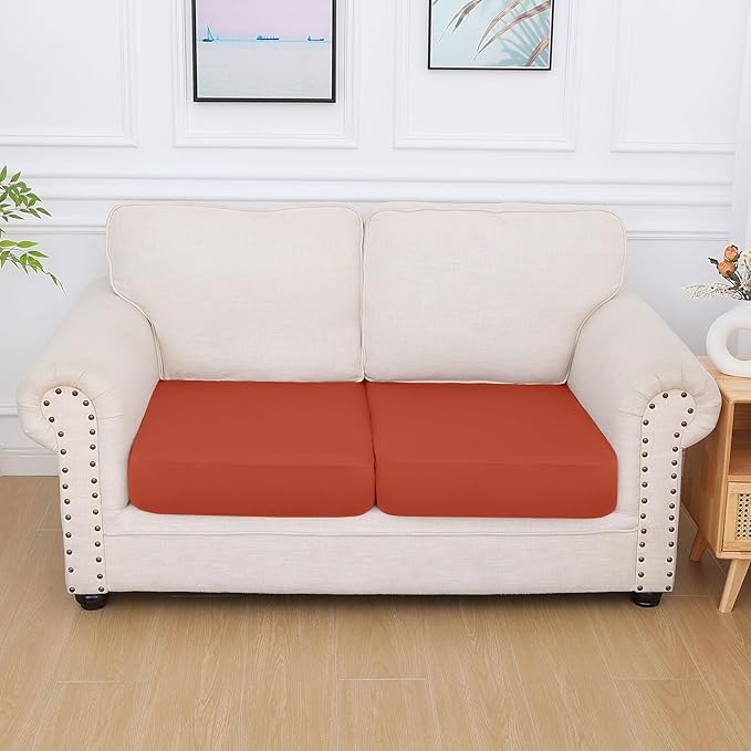 hyha Milk Silk Couch Cushion Covers, Soft Magic Sofa Covers Washable for 2 Cushion Couch, Stretch Sectional Outdoor Cushion Covers for Patio Furniture with Elastic Bottom(2 Packs, Rust)