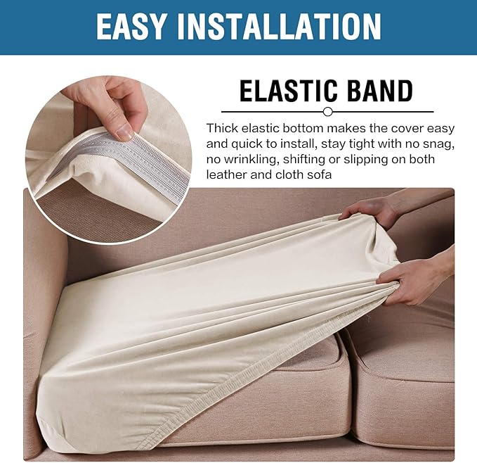 H.VERSAILTEX Velvet Stretch Couch Cushion Cover Plush Cushion Slipcover for Chair Loveseat Sofa Cushion Furniture Protector Seat Cushion Sofa Cover (2 Piece Medium Sofa Cushion Covers, Ivory)