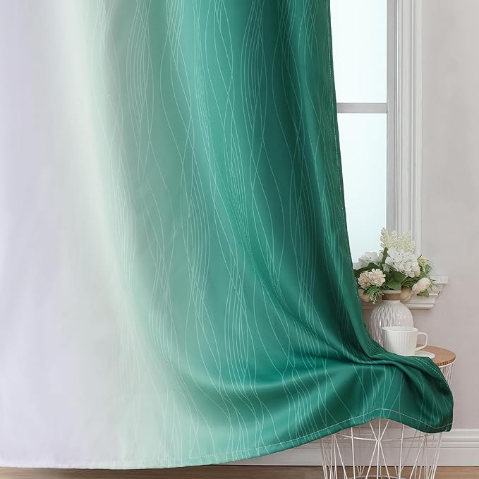 Estelar Textiler Green and Greyish White Ombre Blackout Curtains 90 Inch Length 2 Panels Set, Thermal Insulated Drapes for Bedroom,Full Room Darkening Grommet Gradient Curtains for Living Room,52Wx90L