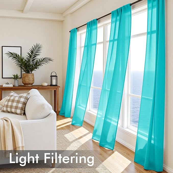 MIULEE Turquoise Sheer Curtains 72 Inches Long, 4 Panels Set, Light Filtering Rod Pocket Voile Drapes for Living Room and Bedroom, Airy Soft Fabric Window Treatments, 42 x 72 Inches