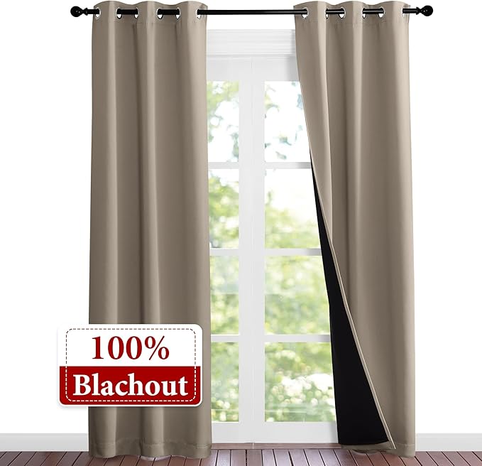 NICETOWN Taupe Full Shade Curtain Panels, Pair of Thermal Insulated & Energy Efficiency Blackout Curtains for Living Room Windows, Lined Silky Performance Window Dressing (37" Wide x 84" Long, Taupe)