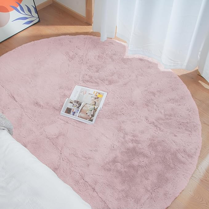 ORINOVA Pink Washable Fluffy Rugs for Bedroom Small Circle Faux Rabbit Shag Fur Area Rugs for Living Room Nursery Round Rug 3ft Rug
