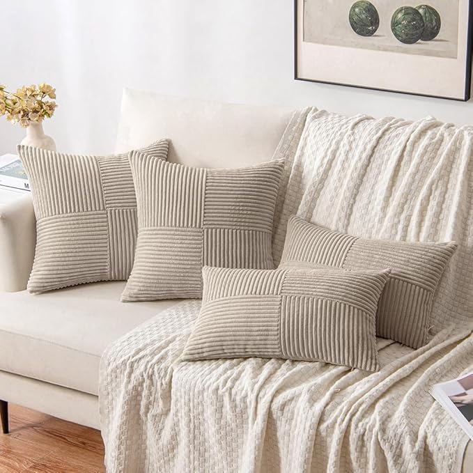 MIULEE Light Brown Decorative Throw Pillow Covers 18x18 Inch for Couch Bed Sofa Pack of 2 Boho Neutral Farmhouse Throw Pillows Soft Cross Corduroy Patchwork Textured Cushion Cases