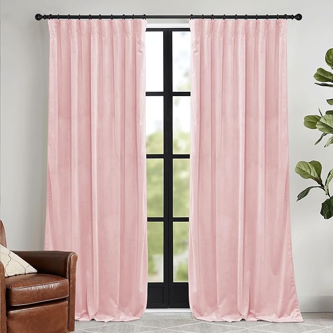 RYB HOME Pink Velvet Curtains 90 inches, Back Tab Soft Fabric Room Darkening Thermal Insulated Luxurious Home Decor Curtains for Living Room Bedroom, W 52" x L 90", 2 Panels Set