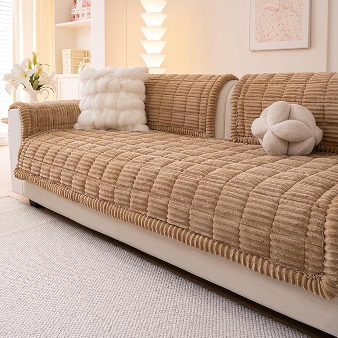 Couch Cover for Dogs Washable, Fuzzy Pet Couch Covers for 3 Cushion Sofa Pet Friendly, Non Slip Sofa Cover (Light Brown, 27.6" x 27.6"/70 x 70cm 2 PCS)