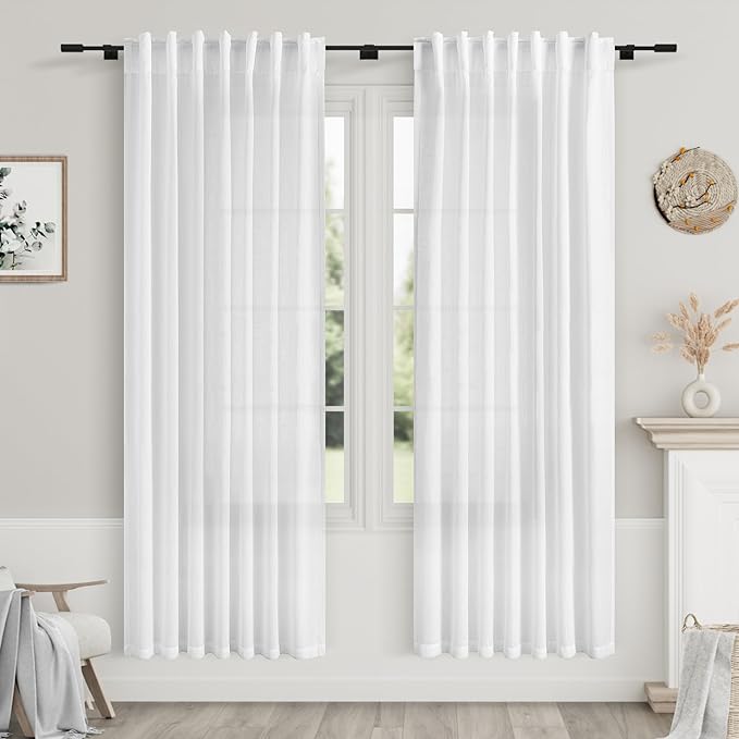 Nanspring White Semi Sheer Linen Curtains 73 Inch Length for Living Room 2 Panels Set Back Tab Rod Pocket Drapes Modern Farmhouse Coastal Decor Linen Textured Gauze Curtains for Office 52x73