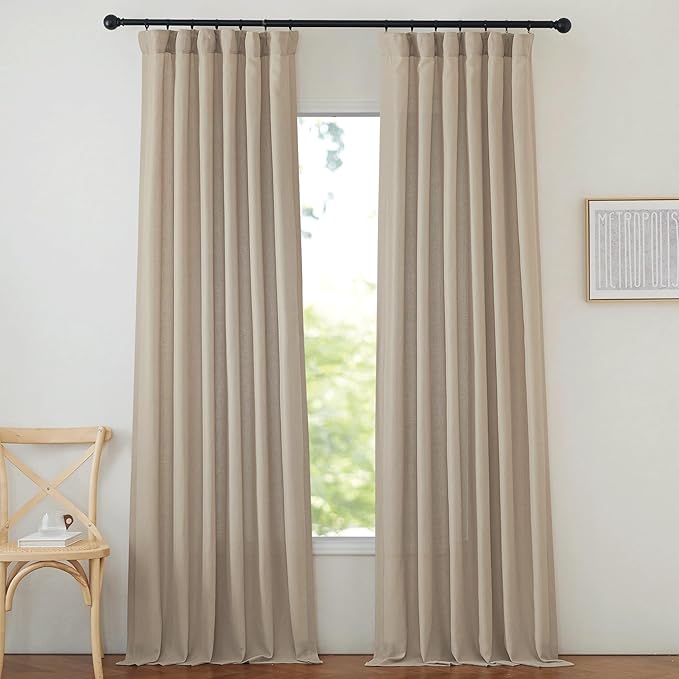 NICETOWN Thick Flax Linen Camel Curtains 108 inches Long, Pinch Pleated Linen Blend Privacy Added with Light Filtering Window Treatments for Living Room/Bedroom, W50 x L108, 2 Panels